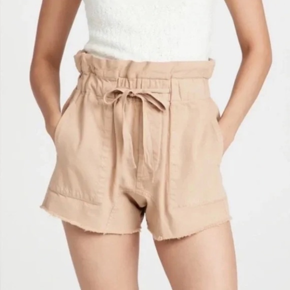 The Great. The Midland Frayed Paperbag Drawstring High Waist Shorts in Sand/Tan - Picture 3 of 12